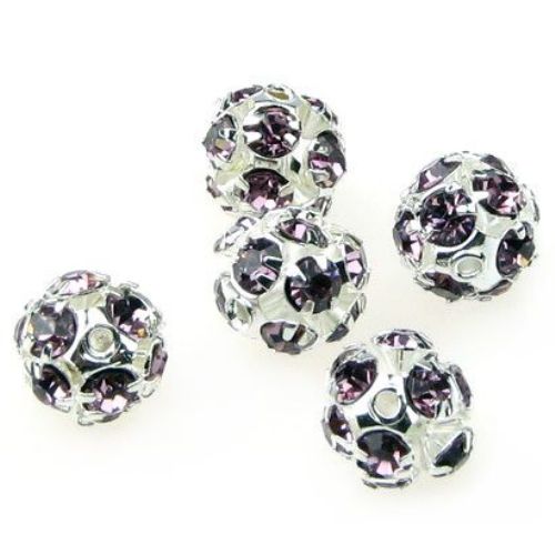 Shambhala metal ball bead with glossy crystals 10 mm hole 1.5 mm purple