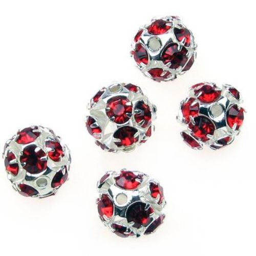 Ball-shaped SHAMBALLA Beads, Metal Base with Crystals, 10 mm, Hole: 1.5 mm, Silver / Red