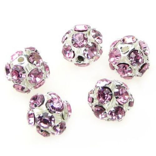 Shamballa bead, metal with crystals, 10 mm, hole 1.5 mm, pink