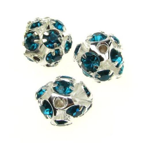 Shambhala metal bead with shiny rhinestones 10 mm hole 1.5 mm teal color