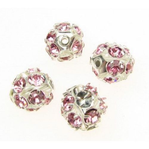 SHAMBALLA Metal Bead with Crystals, 10 mm, Hole: 1.5 mm, Silver / Light Pink