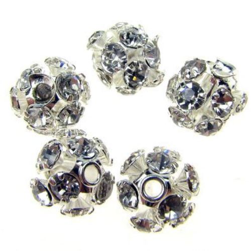 Metal bead with crystals, 6 mm, hole 1.5 mm, silver