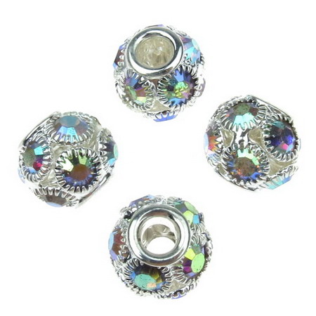 Metal Rhinestone SHAMBALLA Beads, 12x13 mm, Hole: 4 mm, Silver / RAINBOW