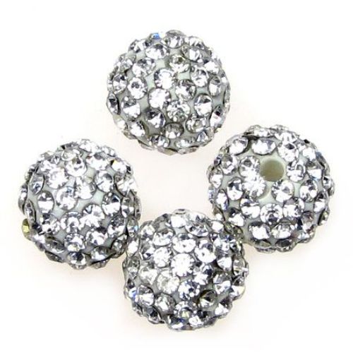 Sparkling Shambhala polymer clay round bead with crystals 10 mm hole 1.5 mm white