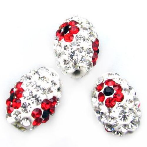 Margele din polimer shamballa cu cristale ovale 14x10 mm gaură 2 mm alb cu flori roșii