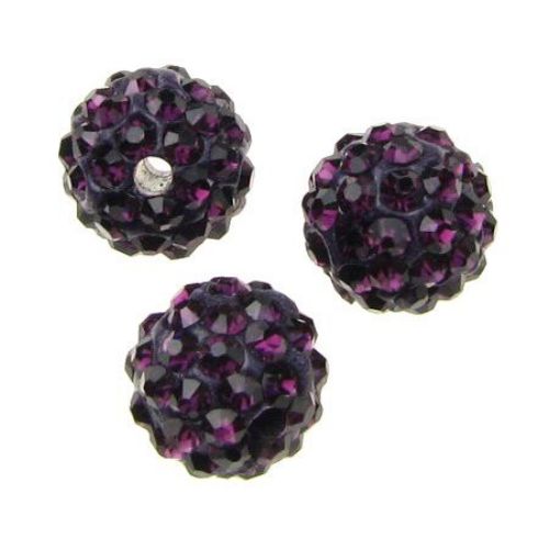 Ball-shaped SHAMBALLA Bead, Polymer Clay with Crystals, 10 mm, Hole: 1.5 mm, Dark Purple 