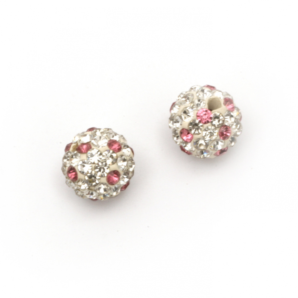 Polymer clay ball bead Shambhala with crystals 10 mm hole 1.5 mm white and pink