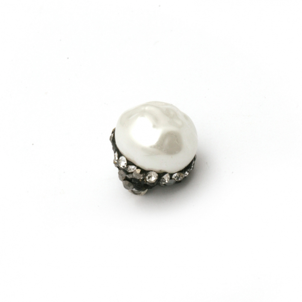 Round pendant imitation pearl, cap polymer with crystals 12x10 mm hole 1.5 mm