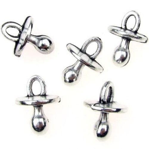 Metal pacifier, dangle bead charm 14x10 mm hole 2 mm color silver - 10 pieces