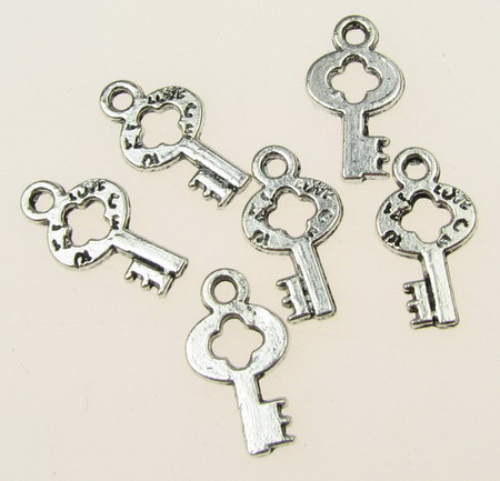 Jewelry components,  metal key charm bead 17x9x1.5 mm hole 1.5 mm color silver - 20 pieces