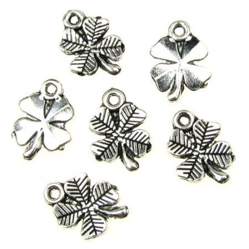 Lucky dangle charm, metal four-leaf clover 14x10x1.5 mm hole 1 mm color silver - 20 pieces