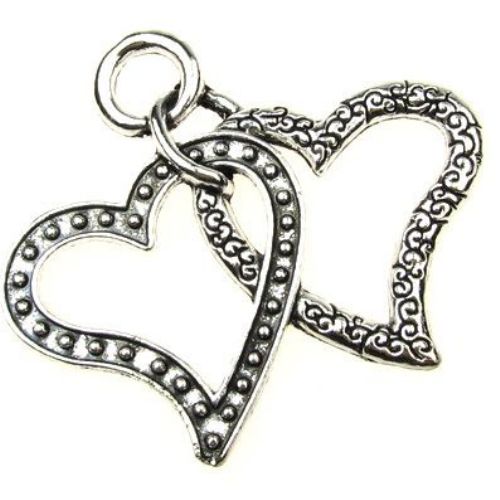 Metal embossed pendant in the shape of a pair of hearts for jewelry, accessories making 48x55x3.5 mm hole 7 mm silver