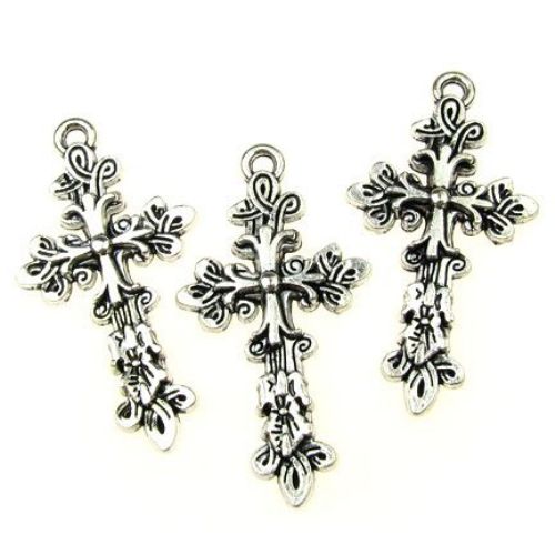 Ornamented metal cross shaped pendant   47x25x3.5 mm hole 3 mm color old silver - 3 pieces