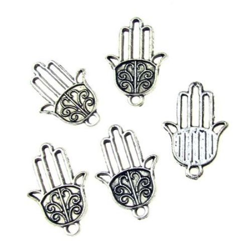 Metal ewelry findings, openwork pendant hand of Fatima 22x15x1.5 mm hole 2 mm color old silver - 10 pieces