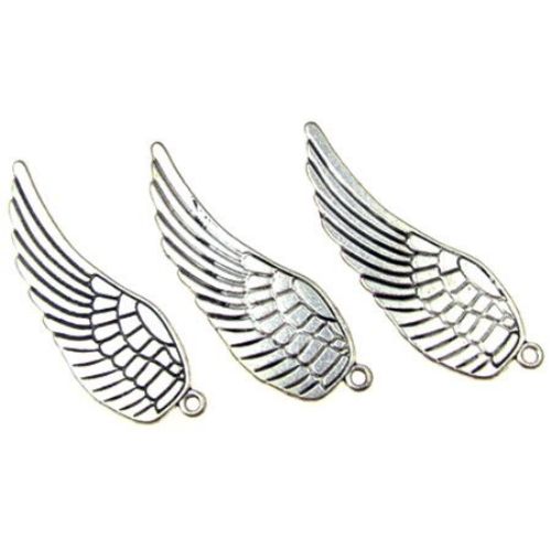 Sheeny metal pendant embossed wing 48x16x1.5 mm hole 1.5 mm color old silver - 5 pieces