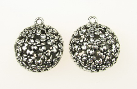 Roundel bead, metal sphere pendant with embossed flowers 29x25x15 mm hole 2.5 mm color old silver - 2 pieces