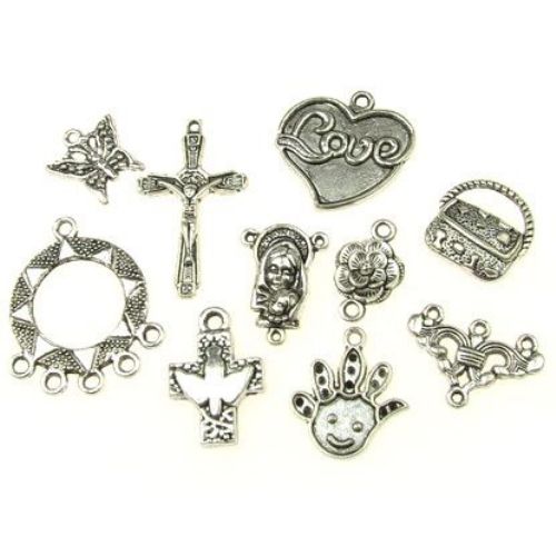 Various of shapes and sized, metal pendants 12~47x7~24x1~5 mm hole 1~4 mm color old silver - 20 grams