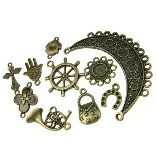 Assorted forms and sizes metal pendants 13~39x11~31x1.5~14 mm hole 1 ~ 4 mm color antique bronze - 20 grams