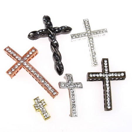 Metal cross beads with  crystals 28.5~48x17~31x2.5~5 mm hole mm assorted colors 