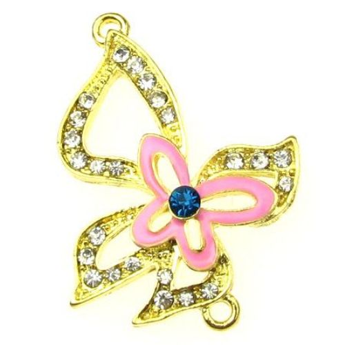 Metal Butterfly Connector Bead with Crystals, Link Charm for Jewelry Making, 40.5x28x6 mm, Gold