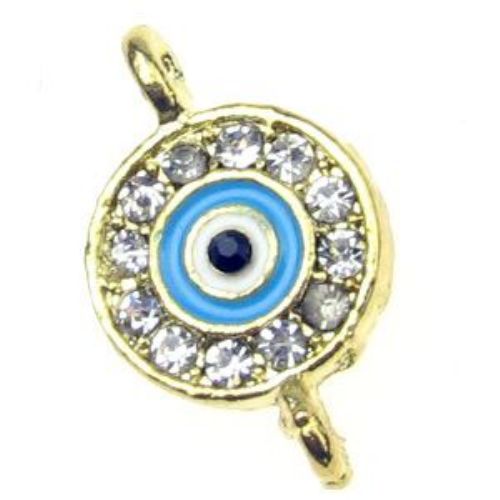 Circle metal jewelry component - connector  with rhinestones and glaze lucky eye  21x13x3 mm hole 1.5 mm gold color