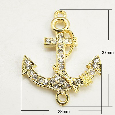 Lustrous metal connecting element anchor with crystals for jewelry making 37x28x4 mm hole 2 mm color gold
