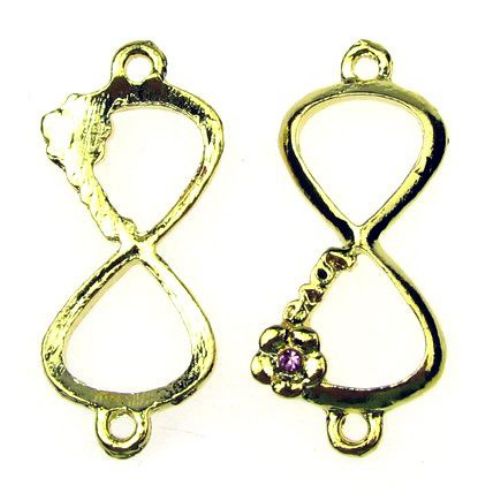 Jewelry metal component - infinity sign connecting element with crystal  15x35x4 mm hole 2 mm color gold - 2 pieces
