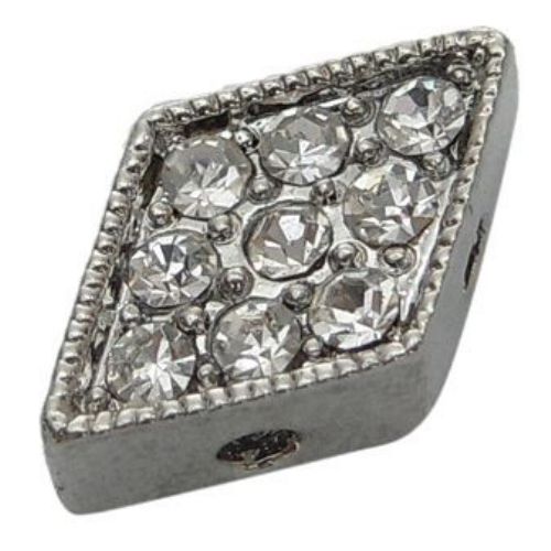Rhombus shaped metal bead with crystals 9x14x4 mm with 4 holes 2 mm color silver