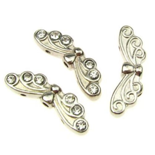 Metal bead with crystals in butterfly shape for jewelry making 7x22x4 mm hole 1.4 mm color silver - 5 pieces