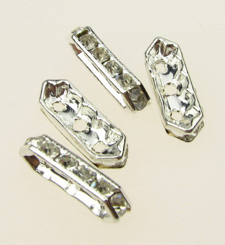 Divider metal with crystals 16x5x3 mm with three holes 1 mm color white -4 pieces