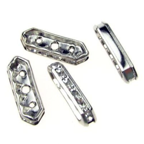 Metal beads spacer with crystals 16x5x3 mm with three holes 1 mm color silver - 4 pieces