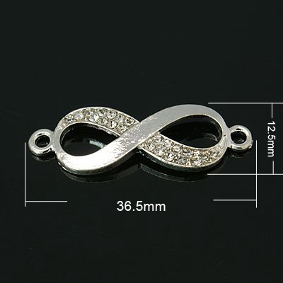 Metal fasteners - infinity sing connecting element with tiny crystals, without lead content 12.5x36.5x3 mm hole 2 mm color silver