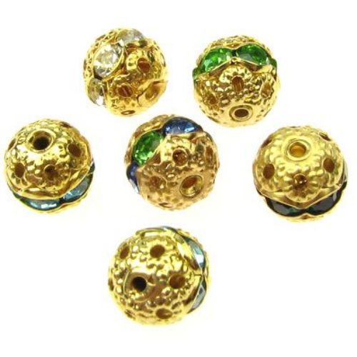 Shimmering metal ball, charm bead with assorted color crystals 8 mm hole 1 mm color gold