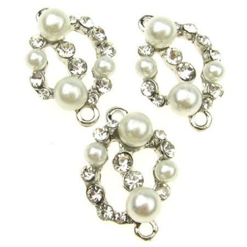 Round connecting metal element with crystals and pearls  25x17 mm color silver