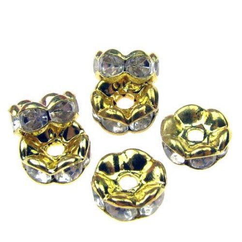 Metal jewelry beads, spacer with crystals 7x3.2 mm hole 1.5 mm (quality A) color gold - 10 pieces