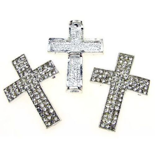 Metal cross bead with clear crystals 37x27.5 mm white