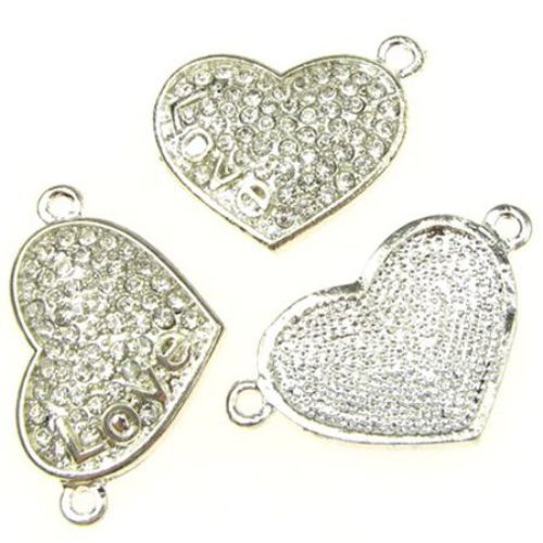 Shiny metal bead - connecting element in the shape of a heart with crystals and label "Love" 31.5x19 mm hole 2 mm color white