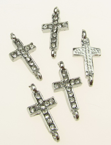 Metal Cross Link Charm with Rhinestones, 21x10 mm, Hole: 1.5 mm, Silver