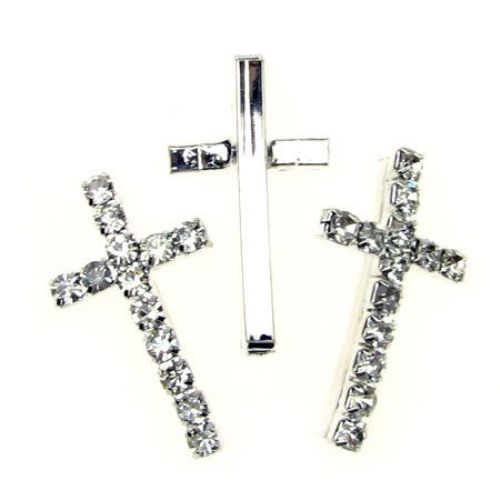 Metal cross bead with crystals 31x19 mm color white - 2 pieces