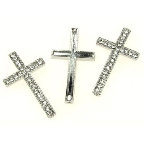 Silver Cross Bead with Crystals, Cross Charm for Jewelry Making, 31x19 mm