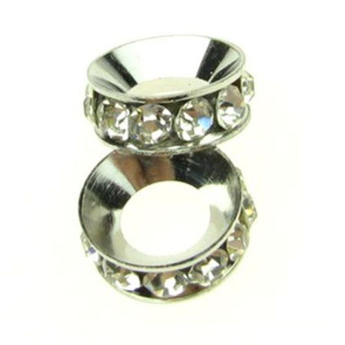 Metal bead - separator with crystals in the shape of a washer 13x5 mm hole 6 mm silver - 2 pieces