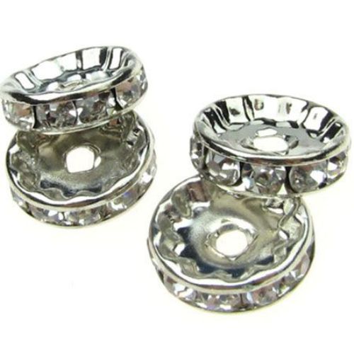 Round metal beads, washer with tiny crystals 12 mm color silver - 10 pieces