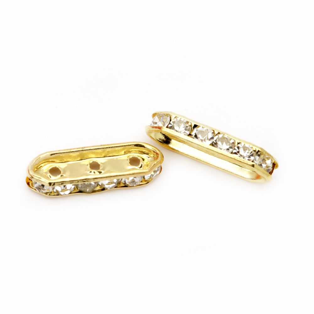 Metal bead with crystals - separator 21x6.5x4 mm with 3 holes 2 mm color gold - 10 pieces