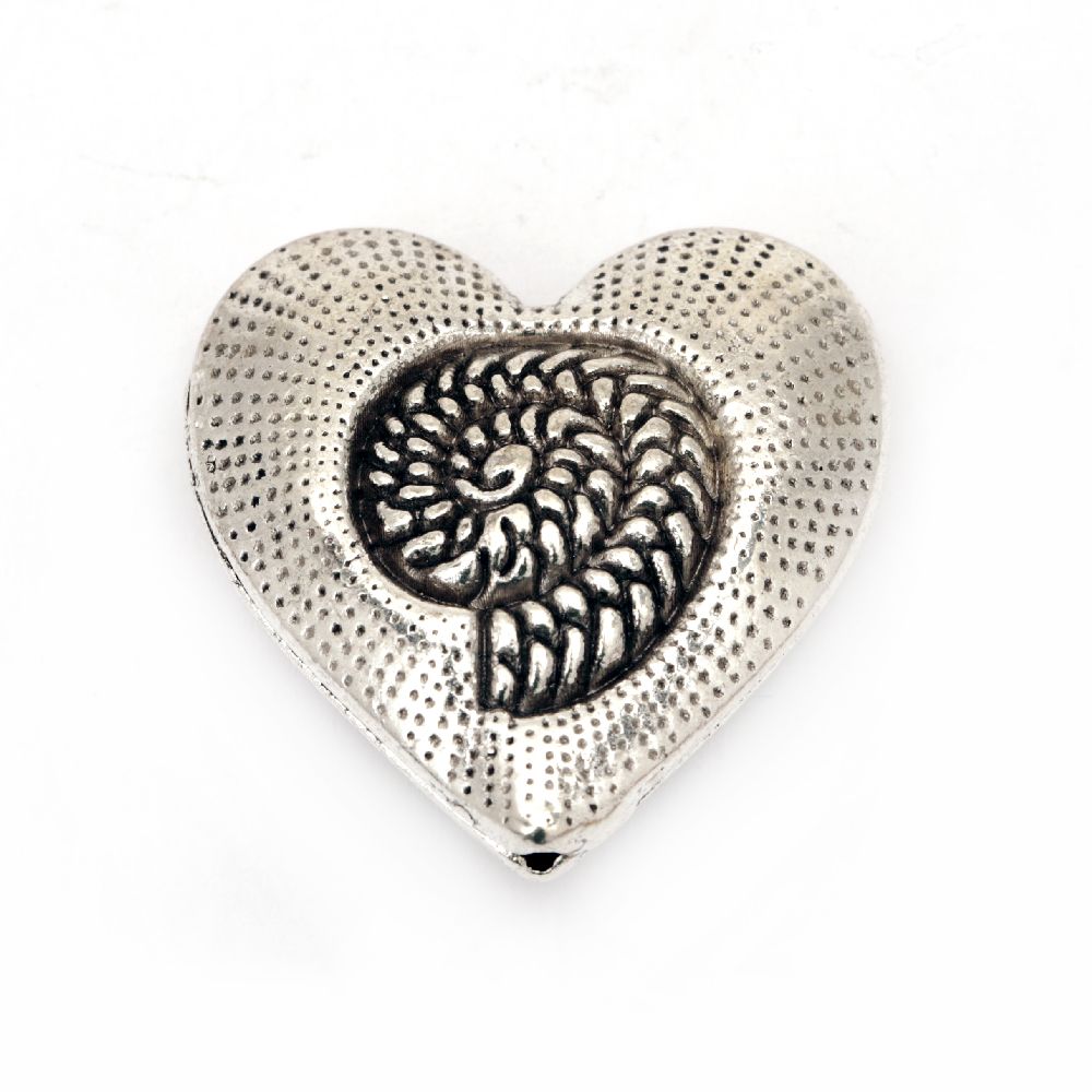 Bead metal heart 30x31x11 mm hole 2 mm color old silver