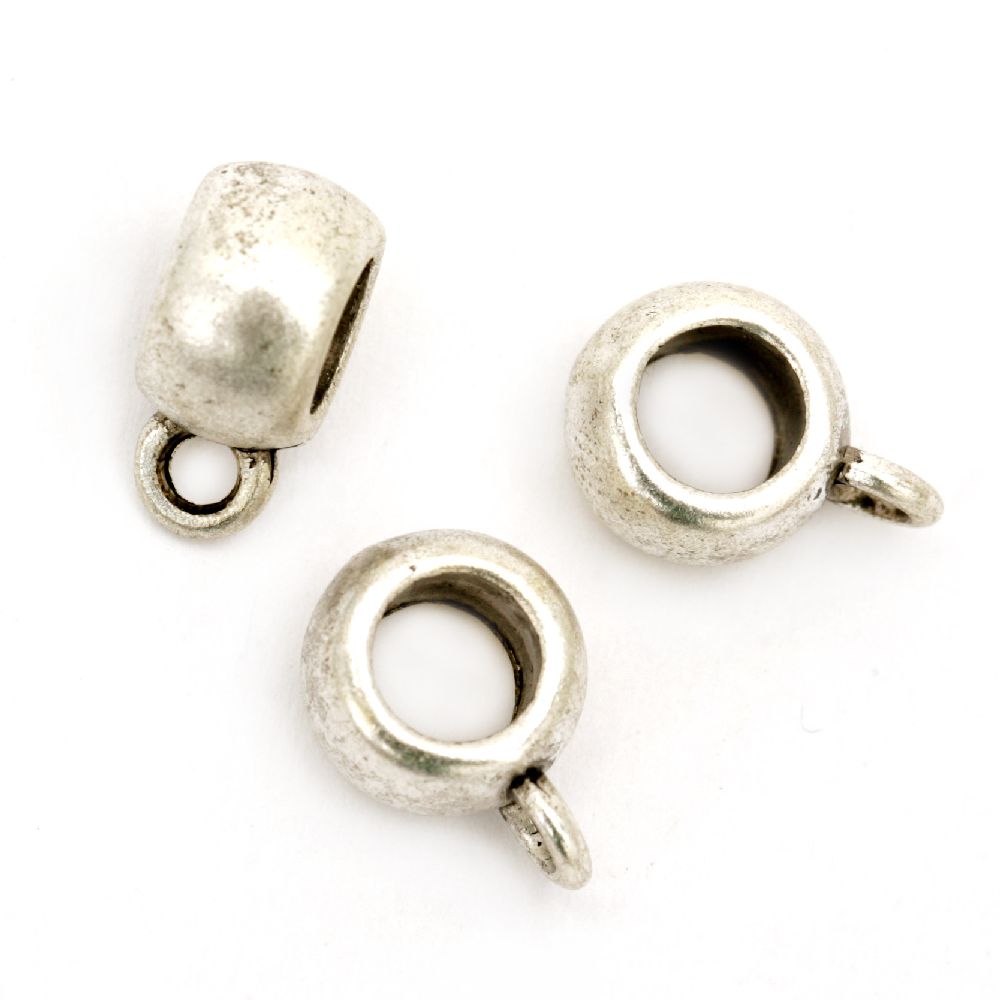 Sheeny metal connector, cylinder with ring 12.5x9x4 mm hole 2 mm color silver - 10 pieces