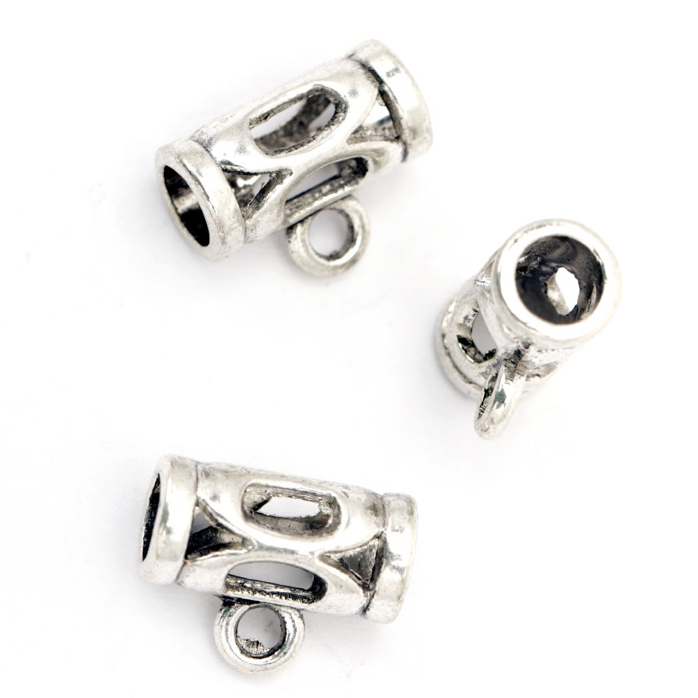 Metal connecting element, openwork cylinder with ring 7.5x14 mm hole 2.5 mm color old silver - 10 pieces