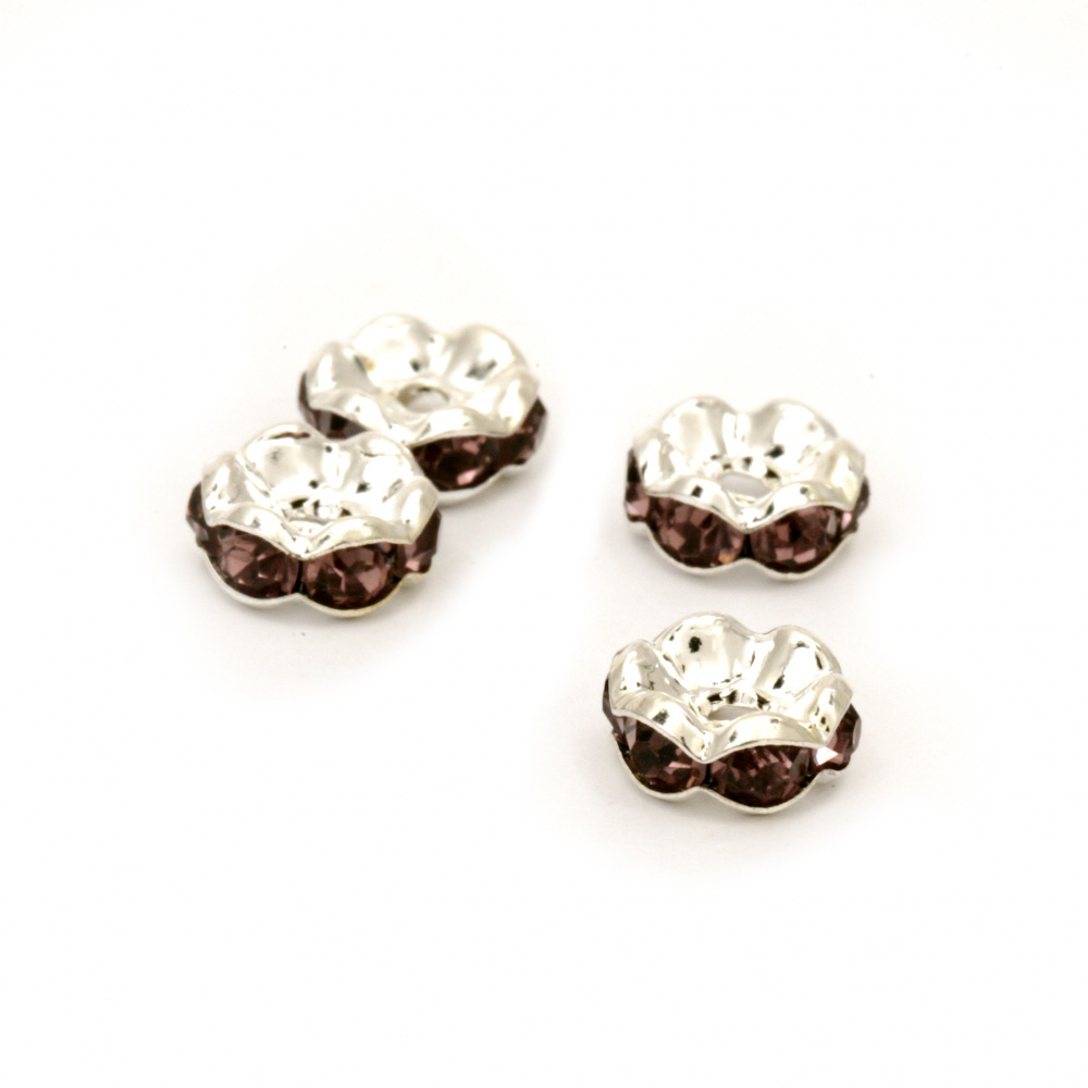 Metal Washer Spacer Bead with High Quality Crystals, 8x3 mm, Hole: 1 mm, Silver with Purple Crystals -10 pieces
