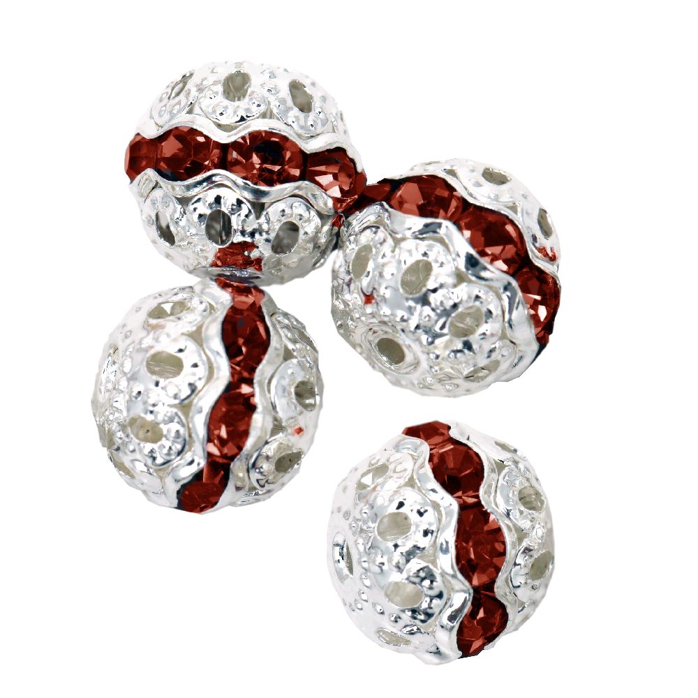 Metal ball, charm bead with red crystals 10 mm hole 1 mm white