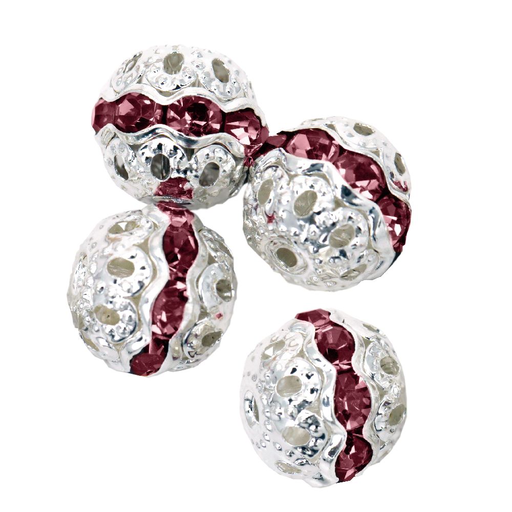 Metal Ball Beads for Jewelry Making DIY, White with Pink Crystals, 10 mm, Hole: 1 mm