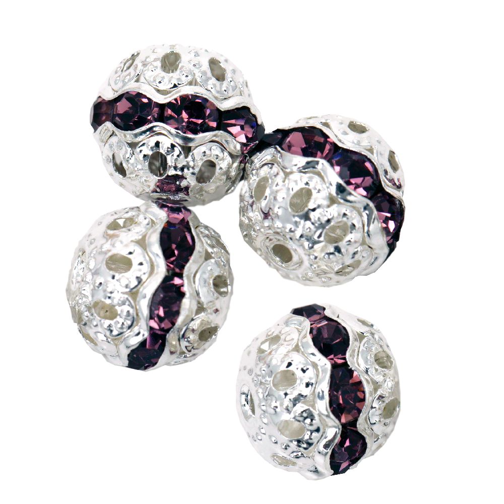 Metal ball with purple crystals 10 mm hole 1 mm white